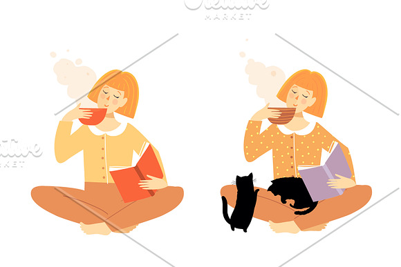Woman Reading Book and Drinking Tea in Illustrations - product preview 3