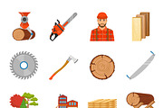 Sawmill timber flat icons set