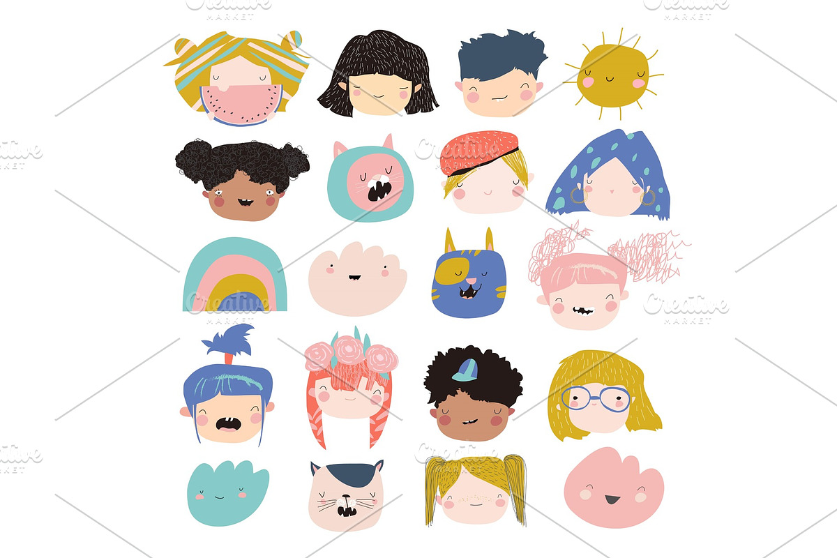 Cute kids faces on a white in Illustrations - product preview 8