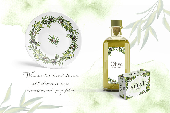 Olive branches.Watercolor hand drawn in Objects - product preview 1