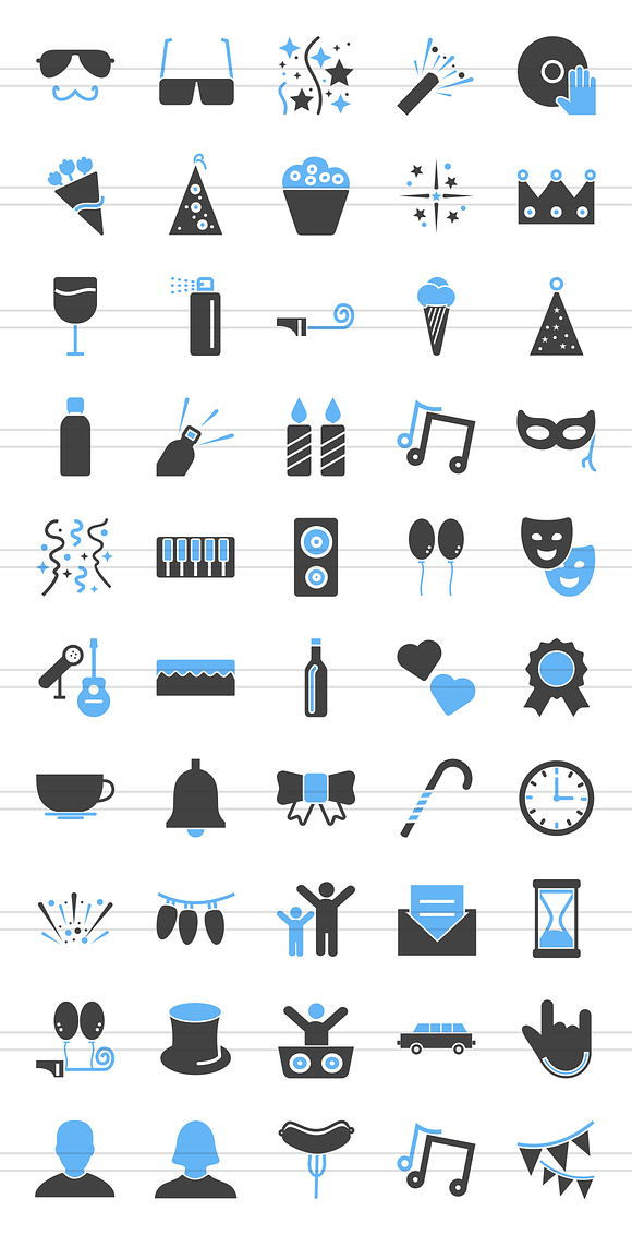 50 Party Blue & Black Icons in Graphics - product preview 1