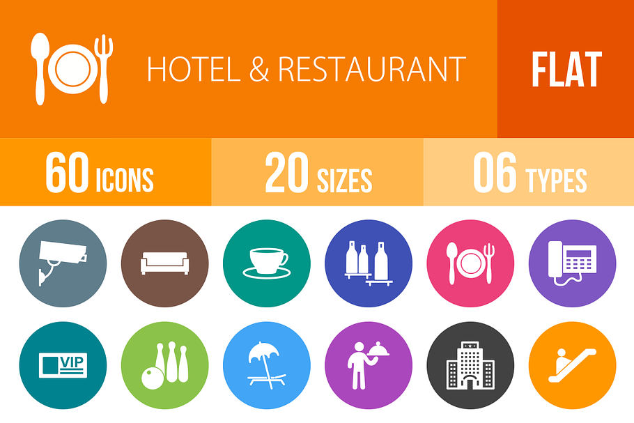 60 Hotel&Restaurant Flat Round Icons