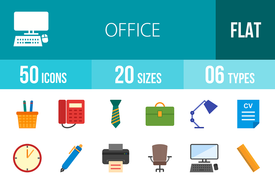 50 Office Flat Multicolor Icons