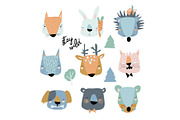 Set of cute animals heads on white