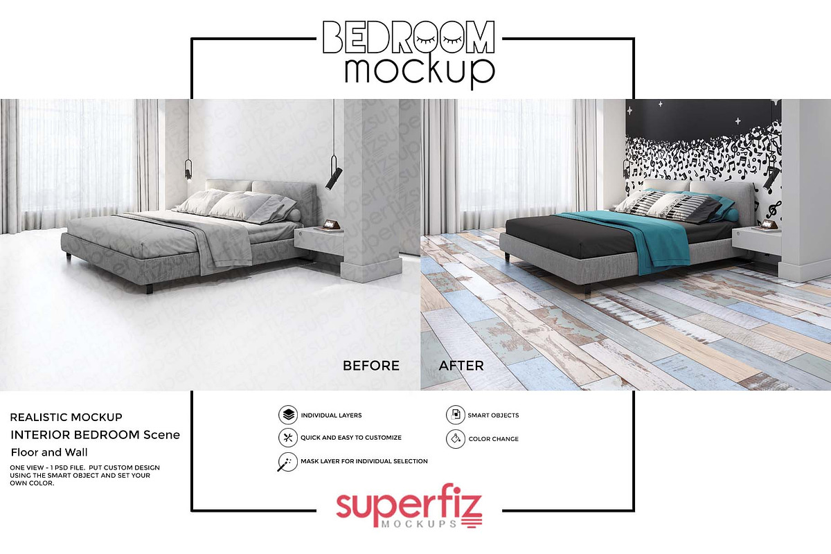 Bedroom Mockup Floor&Wall SM112 in Product Mockups - product preview 8