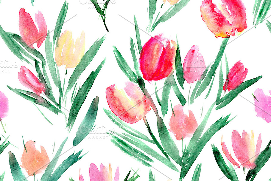 Watercolor tulips seamless pattern in Patterns - product preview 8
