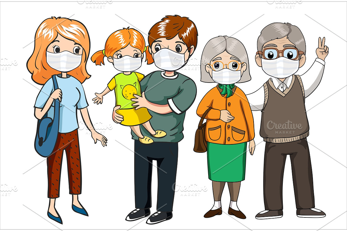 Family wearing protective masks in Illustrations - product preview 8