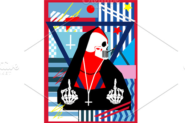 Skull nun with inverted cross and mi