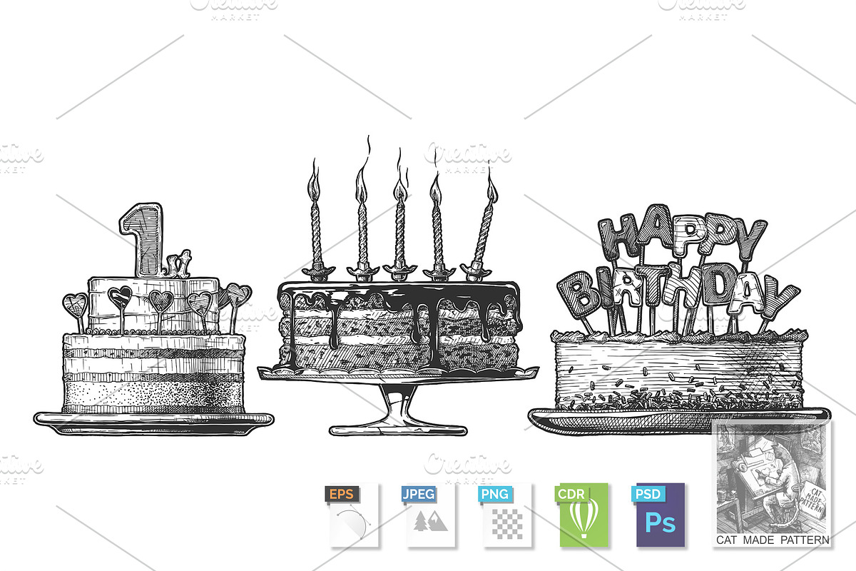 Hand drawn set of Birthday cake in Illustrations - product preview 8