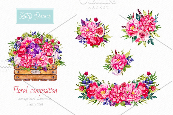 Pink Flora. Watercolor in Illustrations - product preview 1