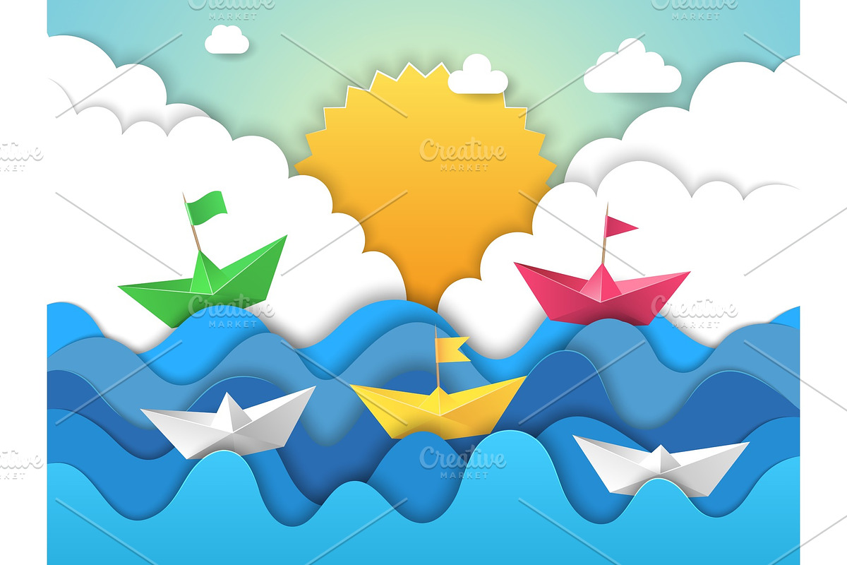 Paper boat. Origami water waves with in Graphics - product preview 8