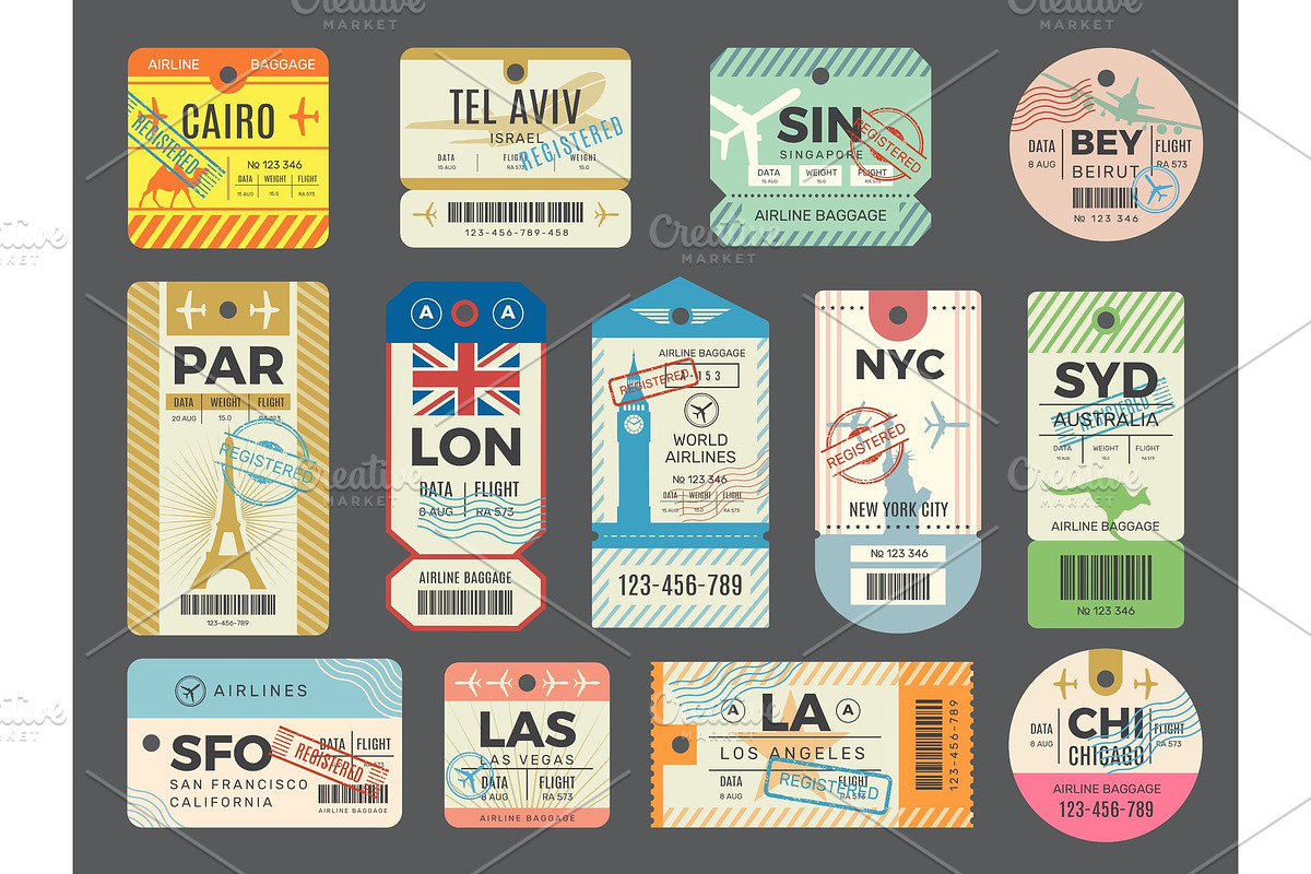 Baggage retro tags. Traveling old in Graphics - product preview 8