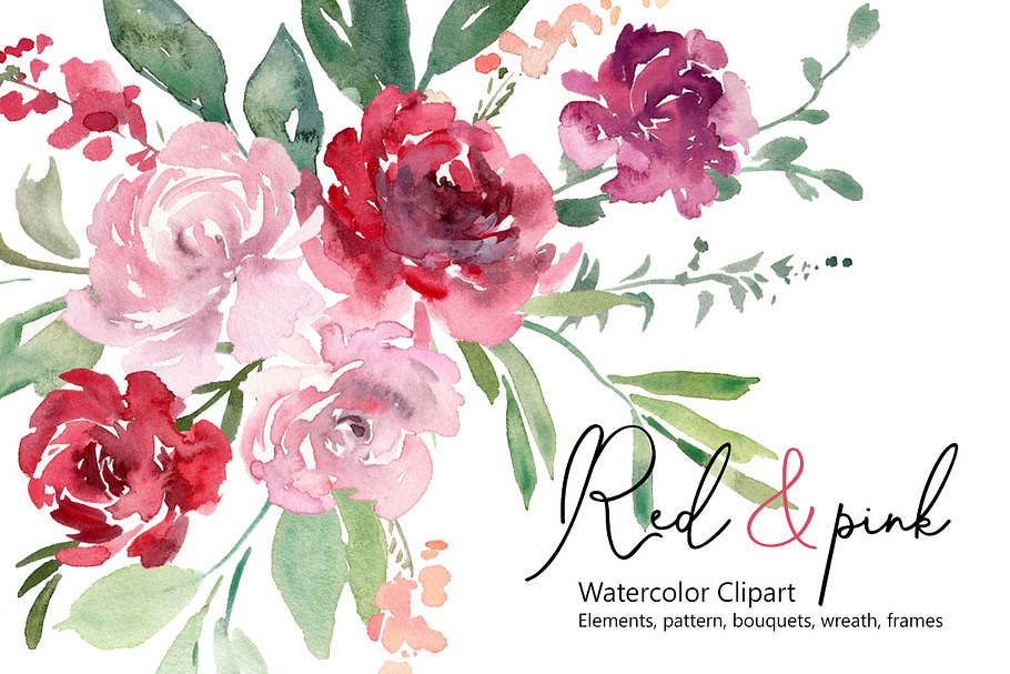 Watercolor Red Blush Pink Flowers in Illustrations - product preview 8