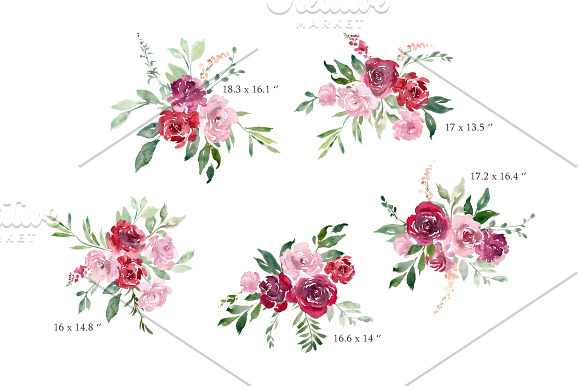 Watercolor Red Blush Pink Flowers in Illustrations - product preview 3