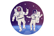 Astronauts in outer space flat icon