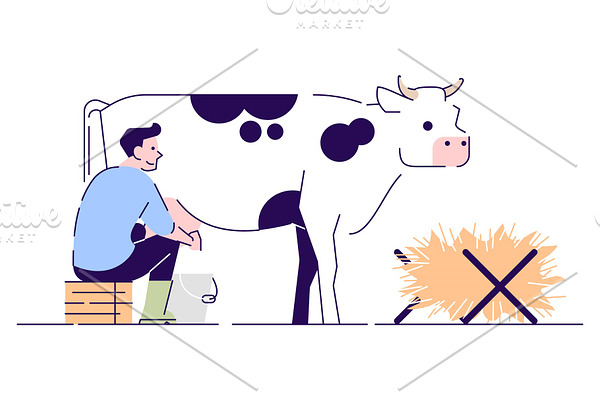 Farmer milking cow illustration