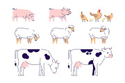 Domestic animals flat illustrations