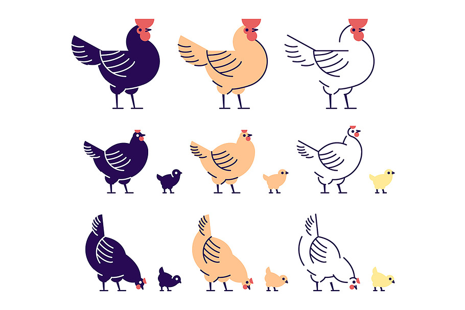 Chickens flat illustrations set in Illustrations - product preview 8