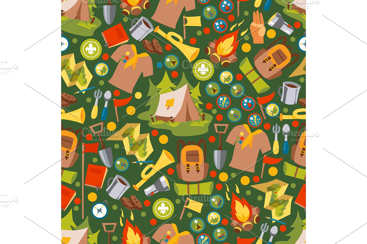 Scout camp icons in seamless pattern in Objects - product preview 8