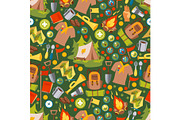 Scout camp icons in seamless pattern