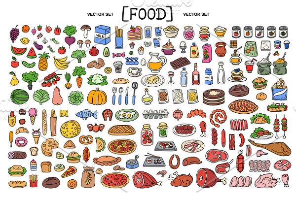 Vector hand drawn set with food