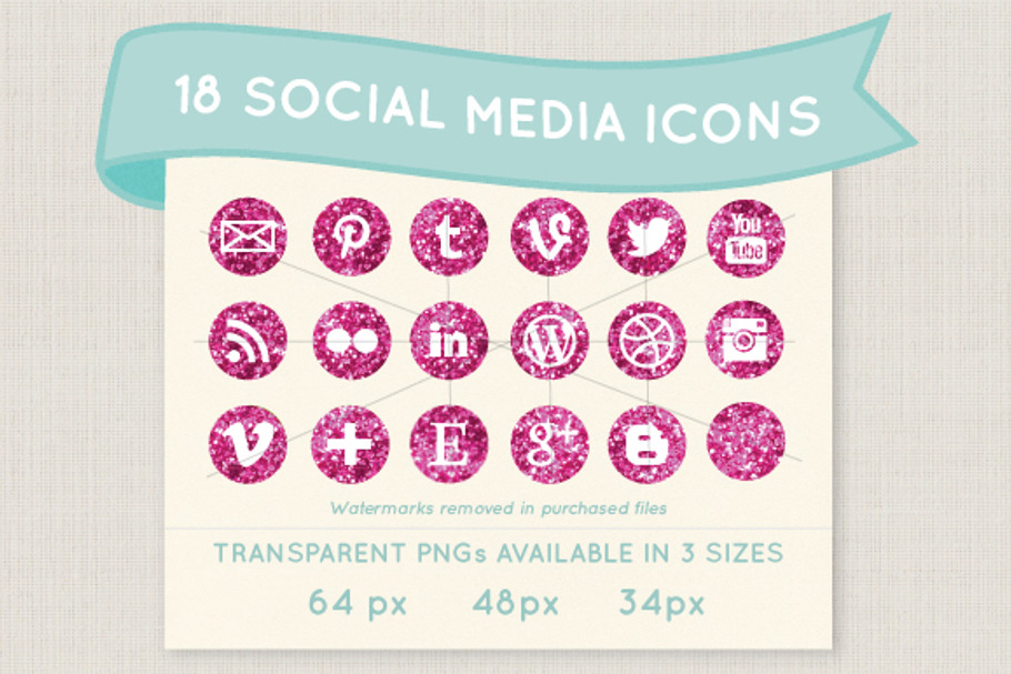 Pink glitter social media icons