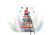 Girl sitting on pile of books with