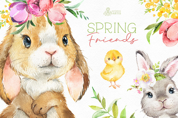 Spring Friends. Watercolor set.