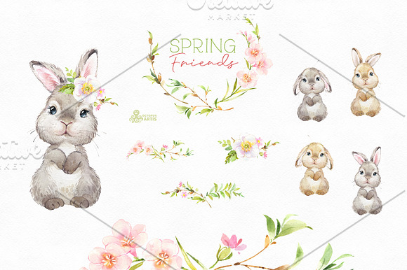 Spring Friends. Watercolor set. in Illustrations - product preview 3