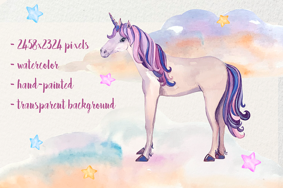 Watercolor Unicorns Clip Art Set in Illustrations - product preview 3