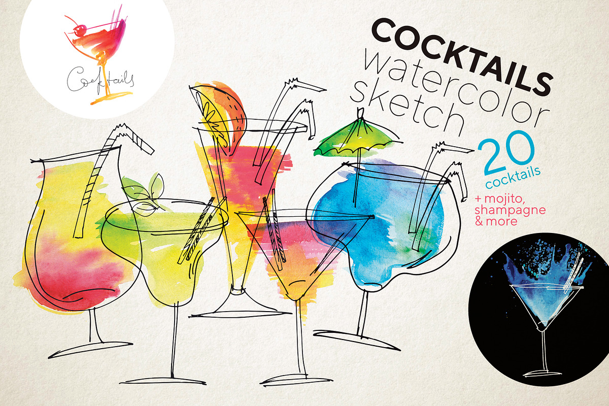 Watercolor Sketch Cocktails in Illustrations - product preview 8