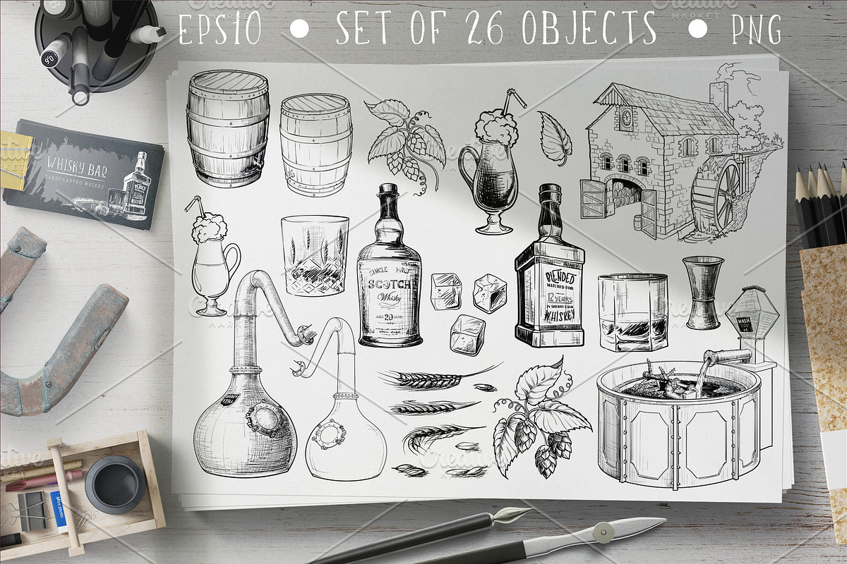 Whiskey Design Elements Set in Illustrations - product preview 8
