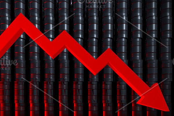 Wall of oil barrels and red diagram