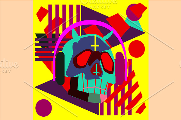 Neon skull with headphones and inver