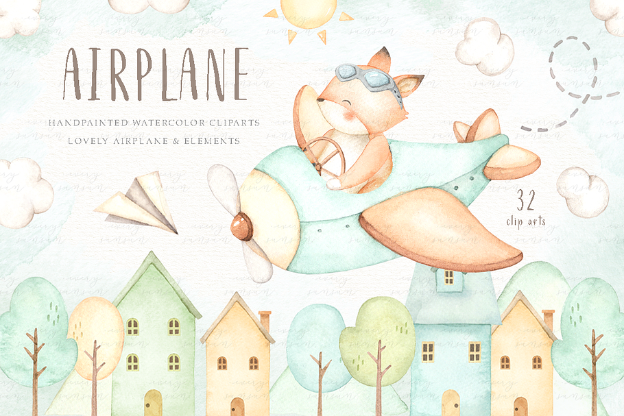 Airplane Watercolor Clip Arts in Illustrations - product preview 8