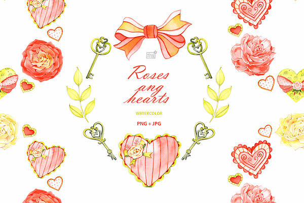 Watercolor roses and hearts clipart