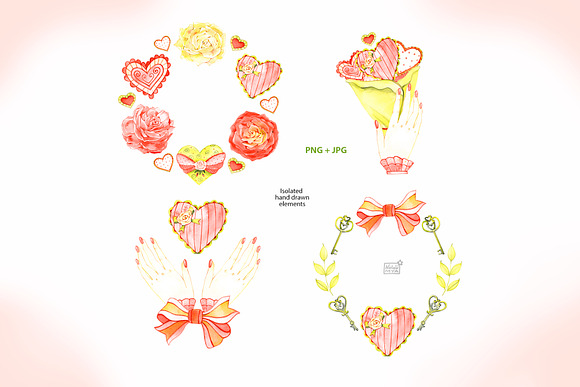 Watercolor roses and hearts clipart in Illustrations - product preview 1