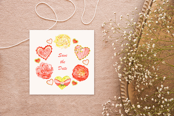Watercolor roses and hearts clipart in Illustrations - product preview 3