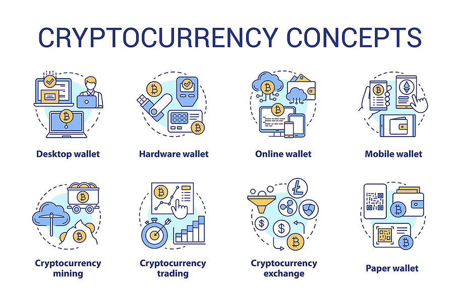 Cryptocurrency concept icons set