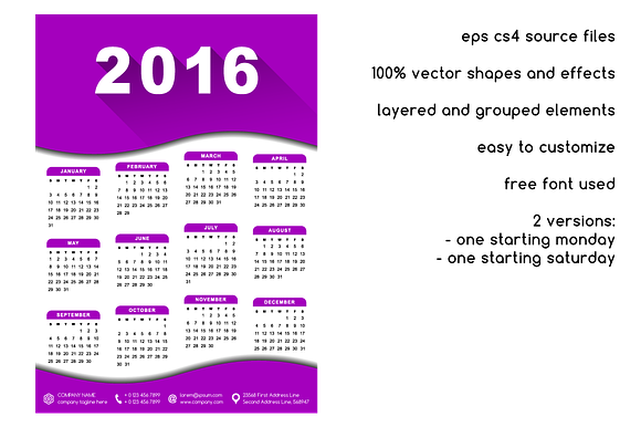 Calendar 2016 customizable template in Objects - product preview 3
