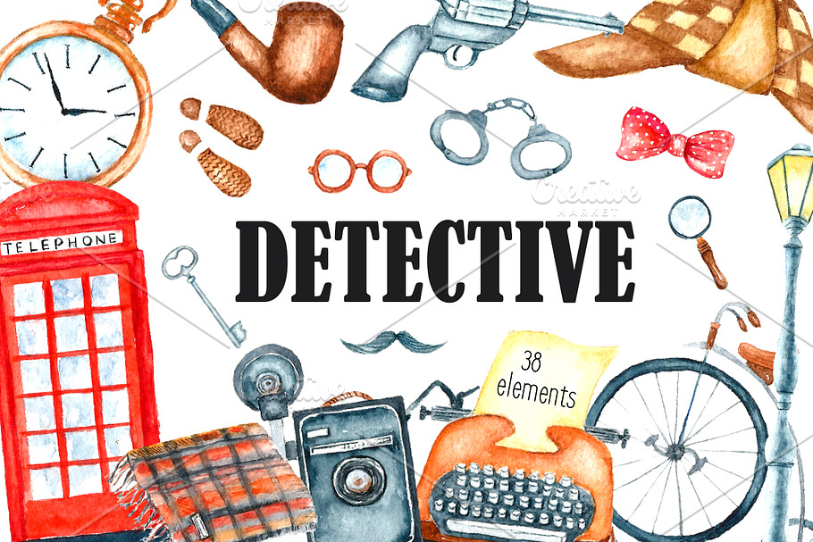 Watercolor retro detective set. in Illustrations - product preview 8