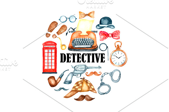Watercolor retro detective set. in Illustrations - product preview 4