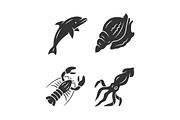 Ocean animals glyph icons set