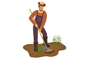 Farmer man with shovel is digging