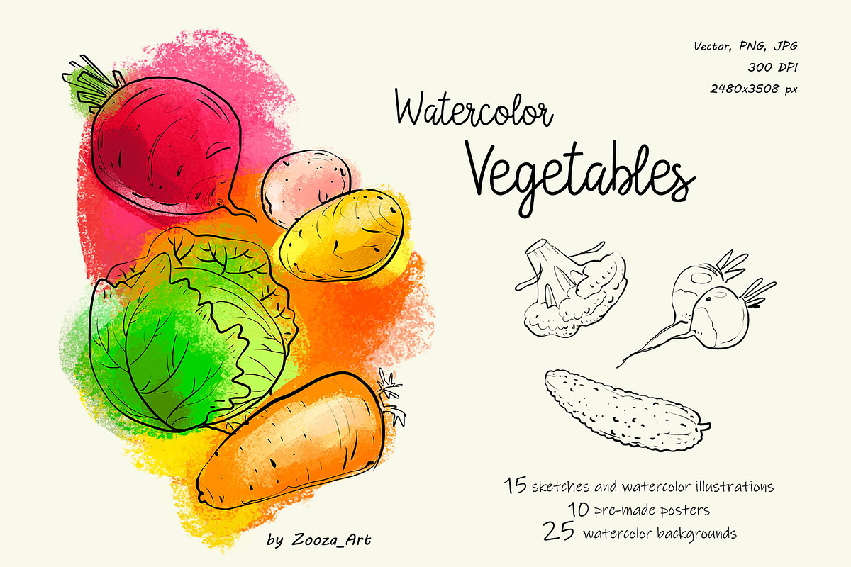 Watercolor handcrafted vegetables in Illustrations - product preview 8