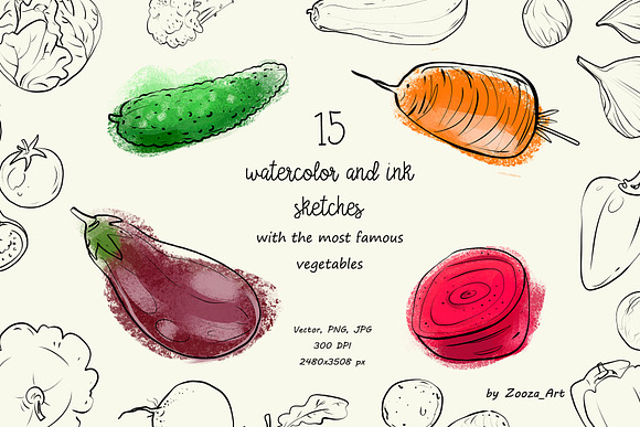 Watercolor handcrafted vegetables in Illustrations - product preview 1