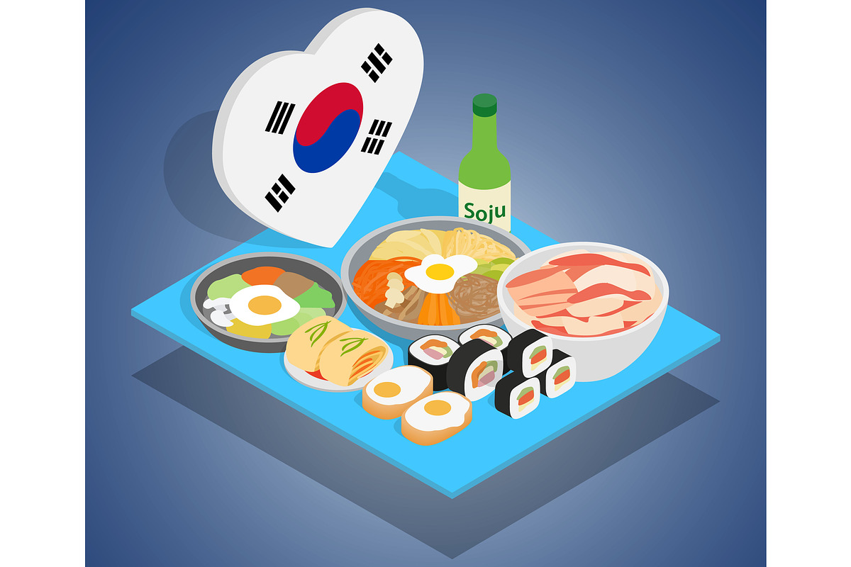 Korea food concept banner, isometric in Illustrations - product preview 8