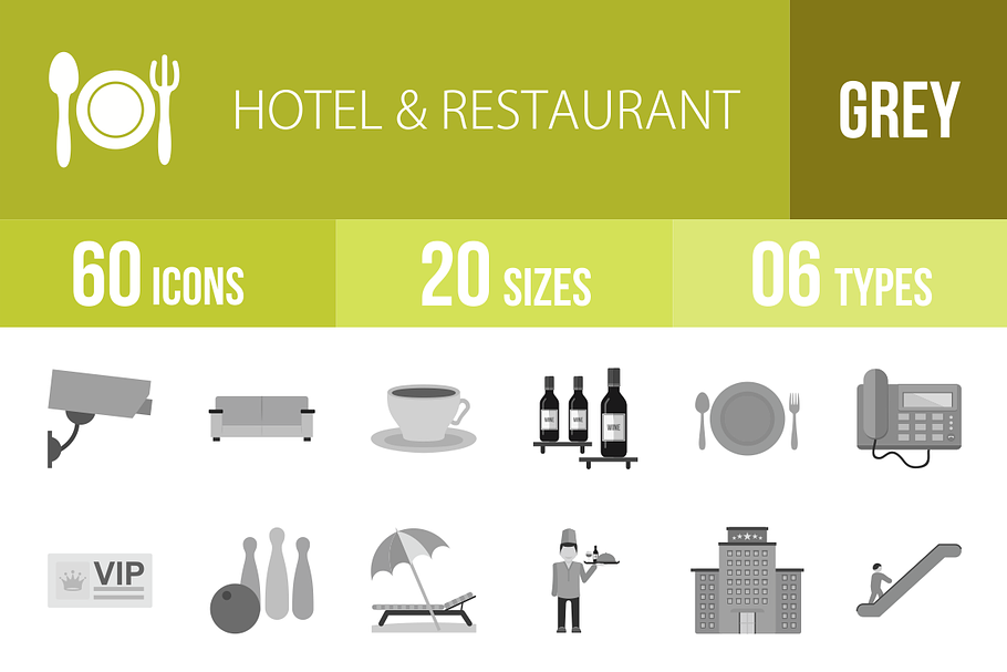 60 Hotel&Restaurant Greyscale Icons in Graphics - product preview 8