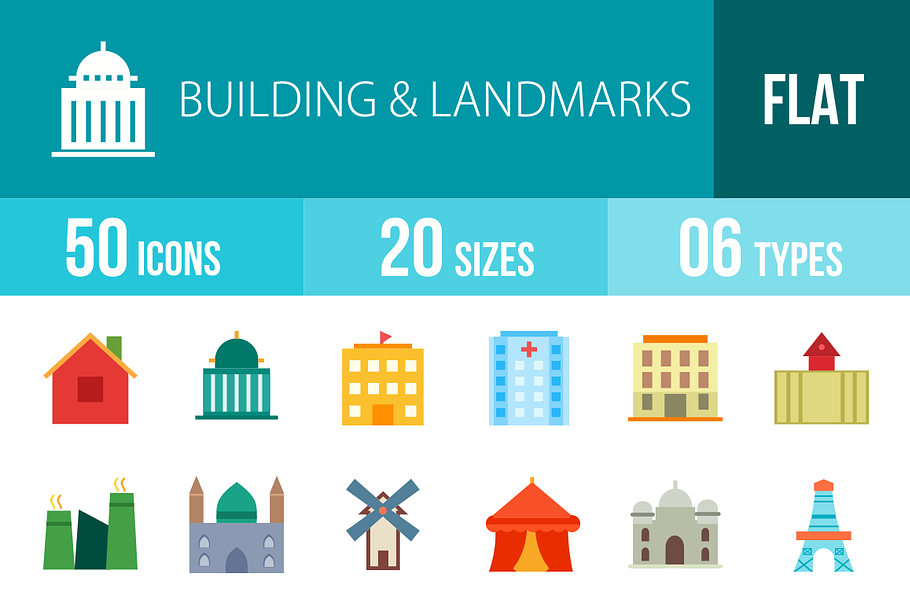 50 Buildings Flat Multicolor Icons