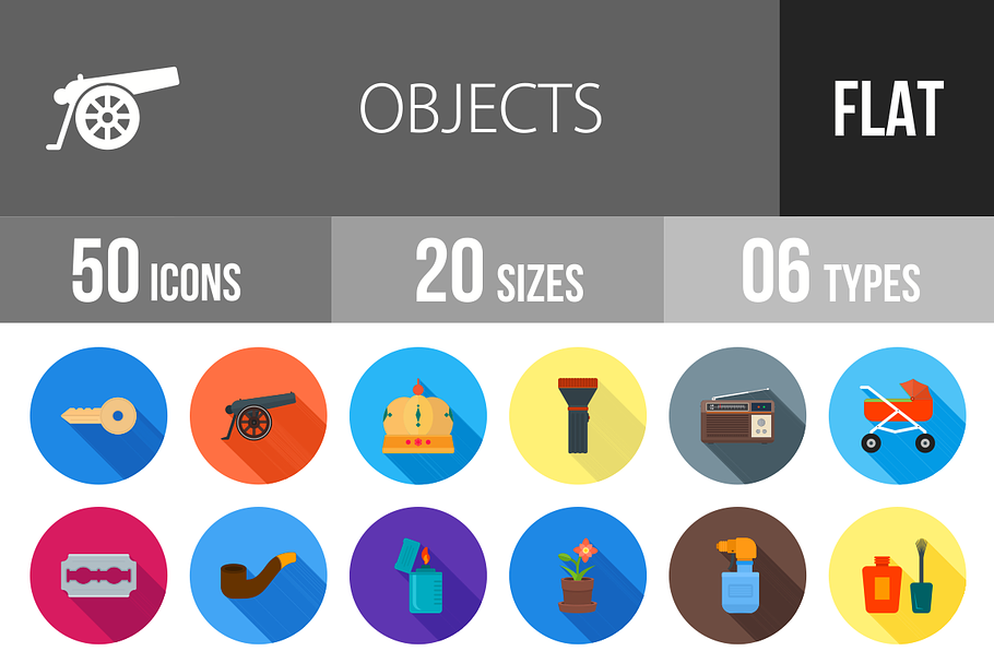 50 Objects Flat Shadowed Icons